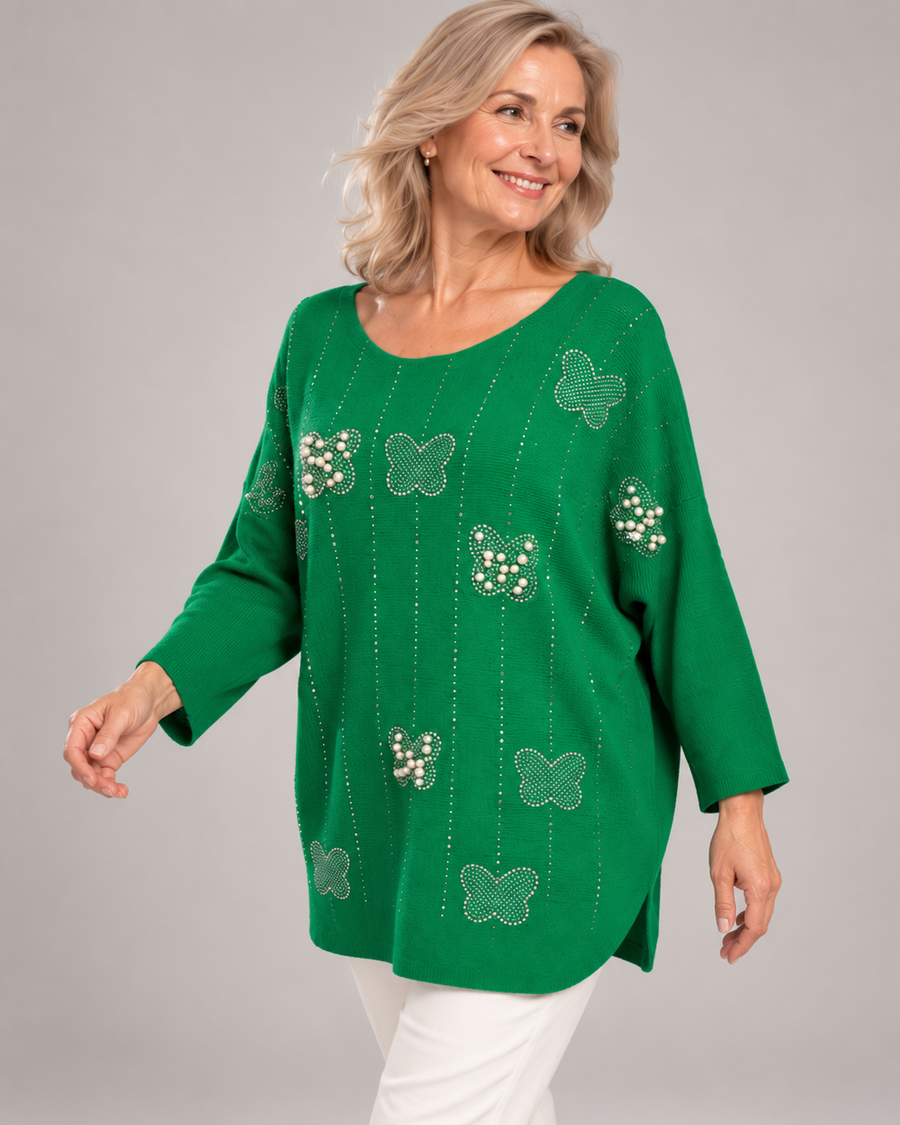 Grüner Strickpullover mit Schmetterlingen aus Strass und Perlen, Dreiviertelansicht
