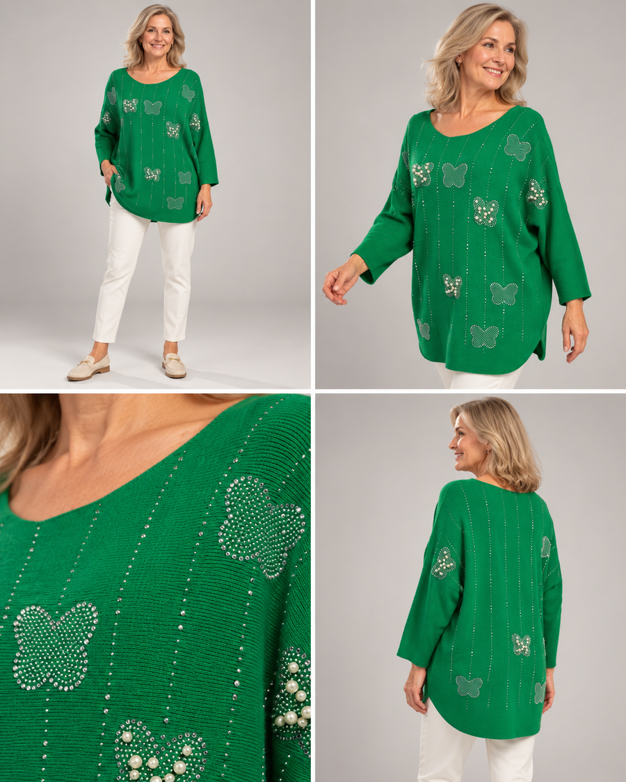 Grüner Strickpullover mit Schmetterlingen aus Strass und Perlen, Detail Strass und Zierperlen