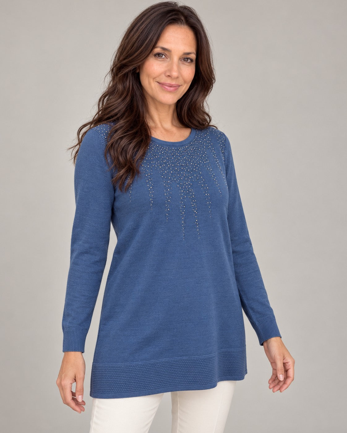 Tunika-Pullover in Blau, seitliche Ansicht